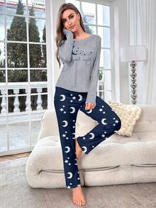 Gray Long Sleeve & Pants Printed Pajama Set For Women - Grey - View 3