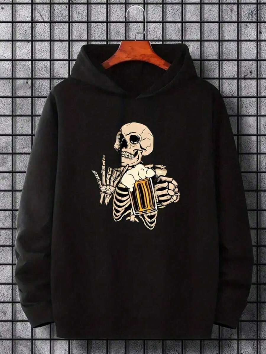 Envío desde México | Sudadera con Capucha negra, Diseño Relajado con Estampado, Bolsillos Espaciosos, Perfecta para Otoño e Invierno, Casual y Abrigada - Negro - Ver 1