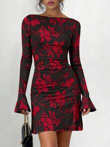 PRETTYGARDEN Women's Spring And Fall Fashion Floral Long Sleeve Mini Dress Mesh Bodycon Short Party Date Night Going Out Dresses Dhristmas New Years Valentine Vacation Dresses For Women - 黑底紅花 - 查看 3