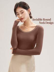 2件装女士无缝黑色上衣，超薄纯色保暖内衣，舒适长袖圆领无缝打底衫，修身高弹米色打底衫，透明上衣，休闲纯色轻薄保暖，适合秋冬季节，轻薄基础打底衫，时尚日常穿着，内衣睡衣 - 彩色 - 查看 3