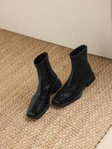 Damen Französischer Stil vielseitige Ankle Boots, modische Plateau-Absatz Stiefeletten mit Reißverschluss hinten, Herbst/Winter - Schwarz - Übersicht 5