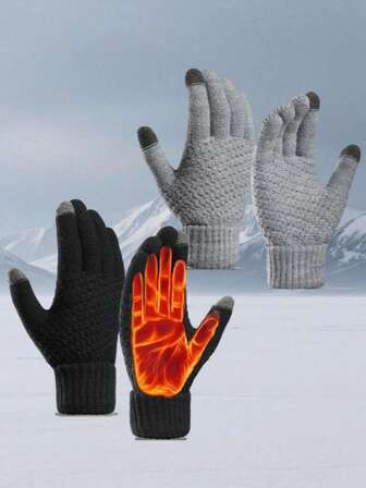 1 par de guantes deportivos de invierno para pantallas táctiles, guantes de punto con forro de lana cálido y moderno, con puños elásticos, resistentes al viento y abrigados para actividades al aire libre en invierno, ciclismo y esquí.