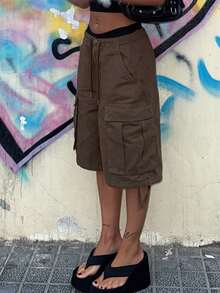 Baggy Cargo Pants For Women High Waist Wide Leg Baggy Shorts Y2K Casual Athletic Lightweight Hiking Capri Shorts With Pockets - màu nâu - Xem 7
