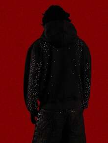 Unisex Black Rhinestone Zip Up Hoodie Oversized Crystal Sweatshirt Designer Streetwear For Men And Women - màu đen - Xem 4
