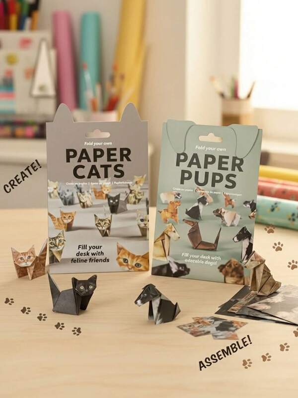 50pcs/Pack DIY Paper Cats, Dogs & Dinosaur Origami Kit, Cute Animals Shaped 3D Origami Kit, Suitable For Office Party Gifts, Cat & Dog Lover's Present, Festive Gifts, Holiday Ornaments, Fun Desk Decor, Playful Decorations, Handmade Style, Stacking Cats, Decorative