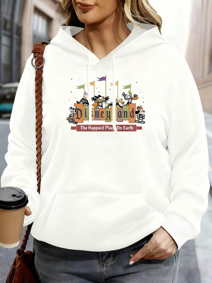 Disney Women Hoodie White Disneyland Classic Characters The Happiest Place On Earth Print Casual Outfit For Daily Wear And Travel - White - View 1