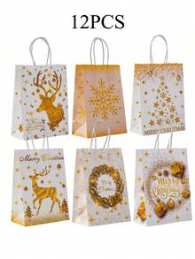 25pcs White & Gold Christmas Gift Bags, Party Handled Paper Bags With Reindeer & Snowflake Wreath Design, Suitable For Birthday, Anniversary, Garden Celebration, Christmas Gifts, Gift Sets, Christmas Themed Parties, Sturdy Paper Bag Material, Suitable For Christmas, Wedding Gifts, Online Gift Packaging