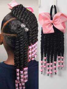 Braided Ponytails For Kids Box Braid Ponytail Hair Extension Synthetic With Bow , Beads In The End 1pc - Black - View 2