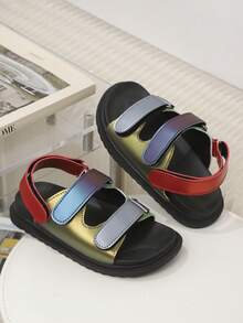 1 Pair Candy Color Thick Sole Hook & Loop Beach Sandals, Kids Open Toe Sandals, Baby Soft Bottom Shoes, Color Block Hook & Loop Decor, PU Material, Easy To Match Flat Heel, Outdoor Fashion Casual Shoes For Summer - Red Violet - View 4