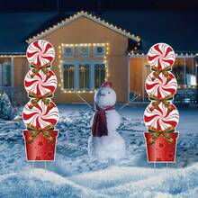 2件套 2D 平面节日圣诞糖果户外庭院装饰牌，带木桩 - 鲜艳的红白螺旋图案，绿色丝带点缀，适用于草坪、小径和节日派对装饰，糖果乐园圣诞装饰