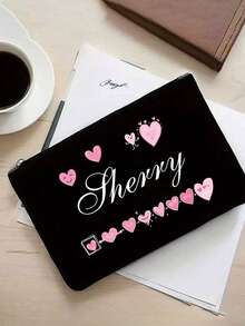 Bolsa de maquillaje lavable con patrón de corazón e impresión de nombre personalizada, bolsa de aseo portátil con diseño de corazón lindo, bolsa de maquillaje conveniente para mujeres, organizador de viaje con cremallera para cosméticos - Multicolor - Ver 7