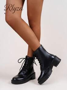 Fall/Winter Style With Black Corset Lace-Up Front Combat Boots, Black Fashionable Women's Boots,Boots For Women - Black - View 2