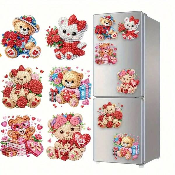 6pcs Diamond Painting Teddy Bear Fridge Magnets, PET Material DIY Set, Asymmetrical Cute Cartoon Animal Theme, Colorful Beaded Art For Home Decor, Diamond Painting Accessories, Lovely Christmas Gift