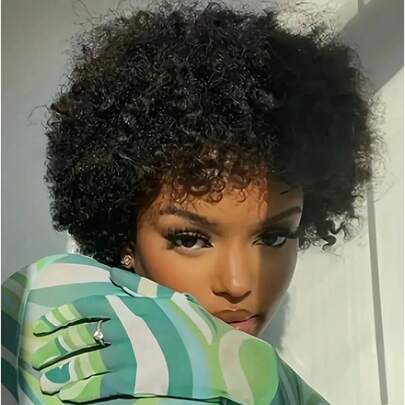 女士真人发假发，非裔卷发/蓬松发型，短款非裔基础款，无蕾丝玫瑰网帽，百搭款式，自然外观，适合所有种族