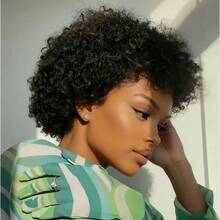 女士真人发假发，非裔卷发/蓬松发型，短款非裔基础款，无蕾丝玫瑰网帽，百搭款式，自然外观，适合所有种族