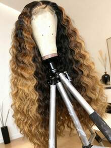 250 Density Highlight Brown Ombre Colored Deep Wave High Density 13X4 HD Transparent Lace Front Wig Deep Curly Brown Colored Remy Lace Frontal Human Hair Wigs Knots Bleached Pre Plucked With Baby Hair Wavy Loose Deep Wave Glueeless Wigs - Bắt nguồn từ & Ombre - Xem 1
