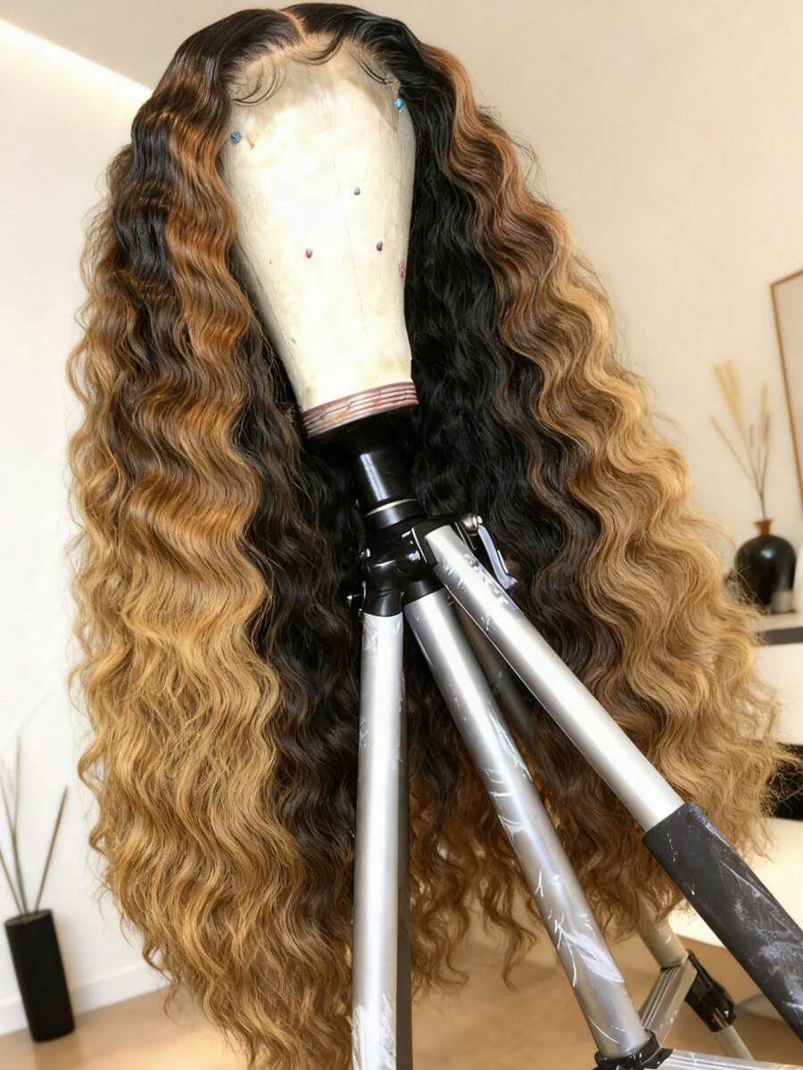 250 Density Highlight Brown Ombre Colored Deep Wave High Density 13X4 HD Transparent Lace Front Wig Deep Curly Brown Colored Remy Lace Frontal Human Hair Wigs Knots Bleached Pre Plucked With Baby Hair Wavy Loose Deep Wave Glueeless Wigs - Bắt nguồn từ & Ombre - Xem 1