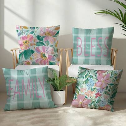 4pcs Watercolor Floral Sweet Home Decorative Throw Pillow Covers, Single-Sided Printed Soft Peach Velvet Fabric, 45*45CM Pillow Covers For Home Bedroom Living Room Party Decor, Cushion Covers As Holiday Gifts, No Pillow Insert