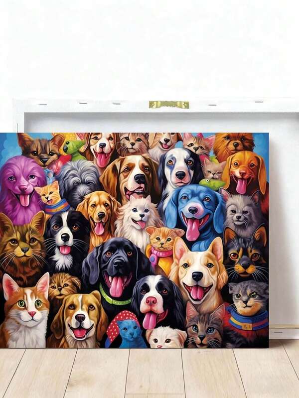 Pet Portrait Canvas Art Set - Dog & Cat Group Photo, Paint-By-Numbers Kit For Relax And Creative Leisure, Perfect Holiday Gift For Living Room Wall Decor
