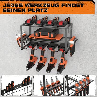  Rigogo Industrie-Werkzeugregal 3-stufig, Robustes Metallregal mit 4 Bohrhaltern & seitlichem Schraubendreherhalter , Schwerlast-Regal für Garage, Werkstatt, Werkzeugwagen KX-DZJ
