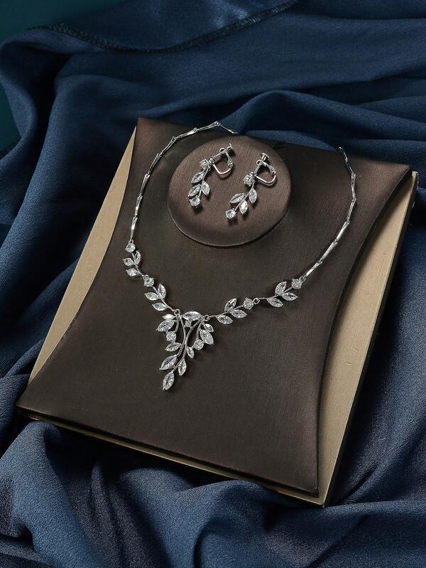 طقم مجوهرات من سبيكة الزنك بشكل ورقة، طقم قلادة وأقراط مرصع بالزركونيا كامل بطراز قصر فاخر للزفاف والحفلات الراقية