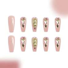 Xl Pink Press On Nails Long Coffin Nails Press Ons Gold Rhinestone Design False Nails Full Cover Arcylic Gel Fake Nails Gift For Women 24pcs{Inchcolor_nameinch:Inchnudepinkballetinch} - 裸粉芭蕾 - 查看 6