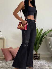 Women's Mid-Raise Stretch Slim Fit Ripped Raw Hem Flared Jeans - Black - View 5