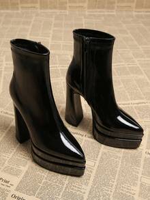 2026 Spring/Autumn New Elegant Black & Burgundy European Style Boots, Thick Heel Super High Heel Pointed Toe Women's Short Boots, Fashion - Black - View 4