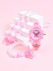 3件套女孩礼物：3D蝴蝶软硅胶表带儿童手表、创意LED发光石英学生手表、奢华公主亚克力蝴蝶项链手链首饰套装 - 粉色 - 查看 5