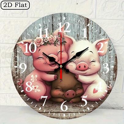 1 Cute Pig Family Hug Wall Clock - Pink And Brown, White Dial With Black Hands, Silent No Ticking Sound, Battery Operated (AA Batteries Not Included), 10inch Round Wooden Farmhouse Style Room Decoration, Bath Gift, Country Style Room Decoration, 2D Flat Design,Room Deccor,Living Room Deocrative,Reloj De Pared