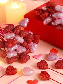 Conjunto de 12 Palitos Decorativos de Espuma em Formato de Coração com Glitter para o Dia dos Namorados - Palitos Vermelhos e Rosa Brilhantes para Arranjos Florais, Buquês e Decoração de Casa - Decoração de Festas e Eventos, Centros de Mesa e Artigos para Festas - Multicolorido - Ver 2