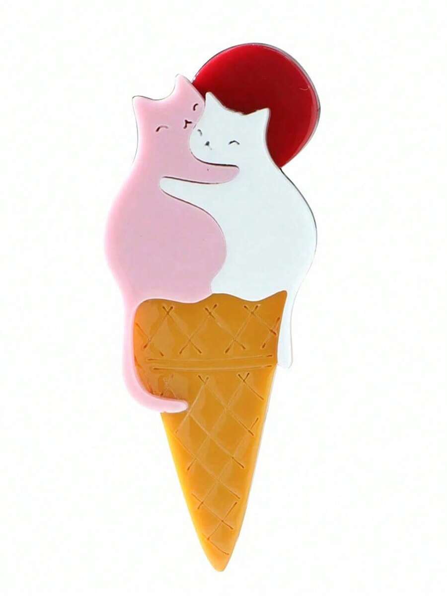 1pc Women's Creative Cute Cat On Ice Cream Brooch, Niche Adorable Animal Brooch Backpack Pin, Summer New Style - Multicolor - View 1