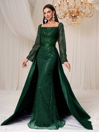 YISIKADO Elegante y lujoso vestido largo de satén, malla y contraste de lentejuelas con cuello cuadrado y mangas largas para fiesta de cumpleaños, boda, graduación o cena