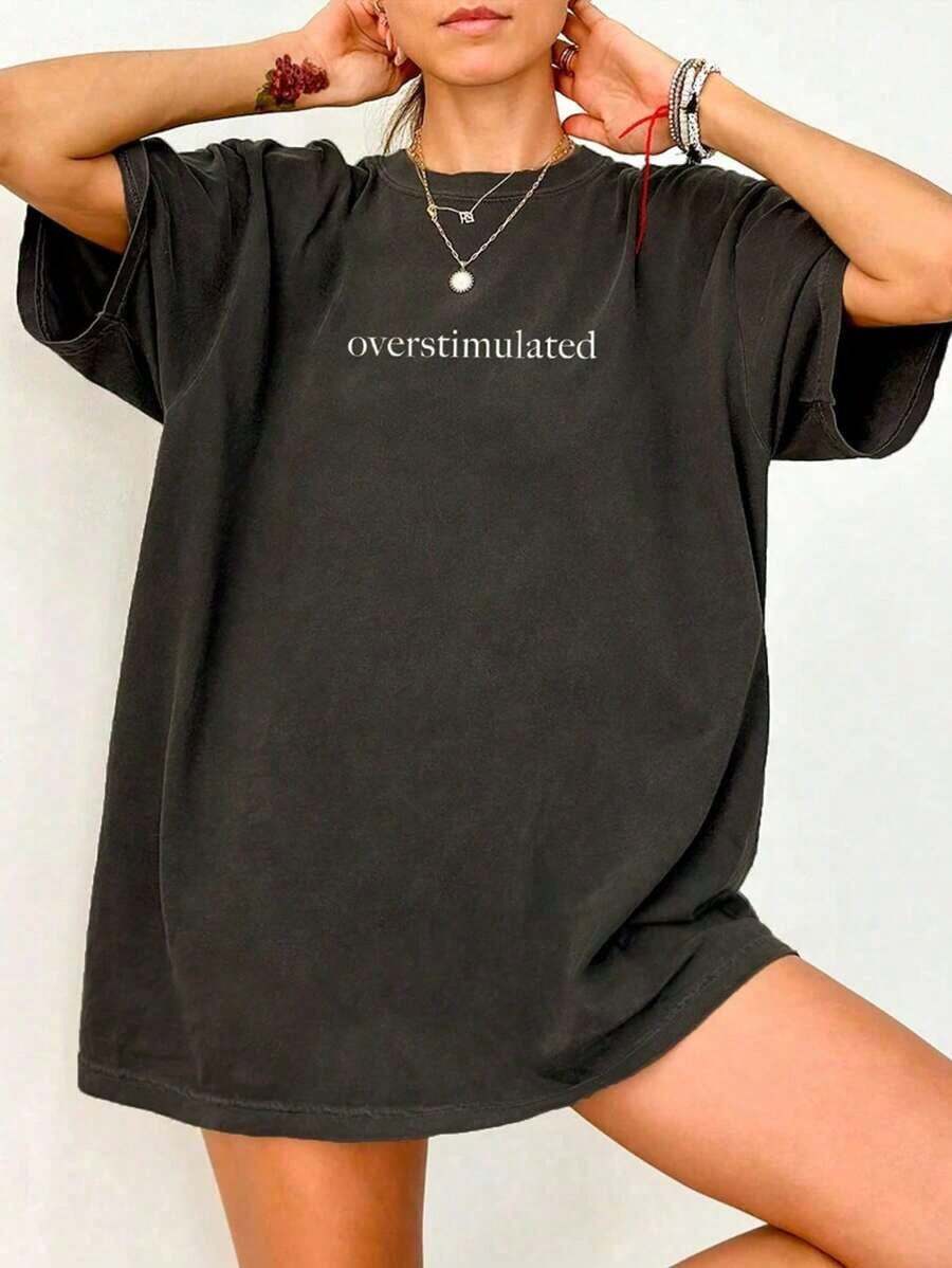 1 Pcs Casual Vintage 100% Cotton Women Short Sleeve Tee, Minimal Overstimulated Letter Graphic Print For Summer Street Airport Travel Daily Outfits - 深灰色 - 查看 1