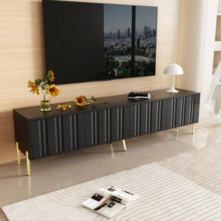 Black TV Cabinet, 190 Cm (L) X 38 Cm (W) X 48 Cm (H), Gold Table Legs - Black - View 1