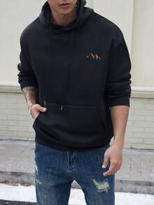 Sudadera con capucha de manga larga con estampado de silueta de montaña, versátil para deportes casuales y viajes, forro térmico para hombre