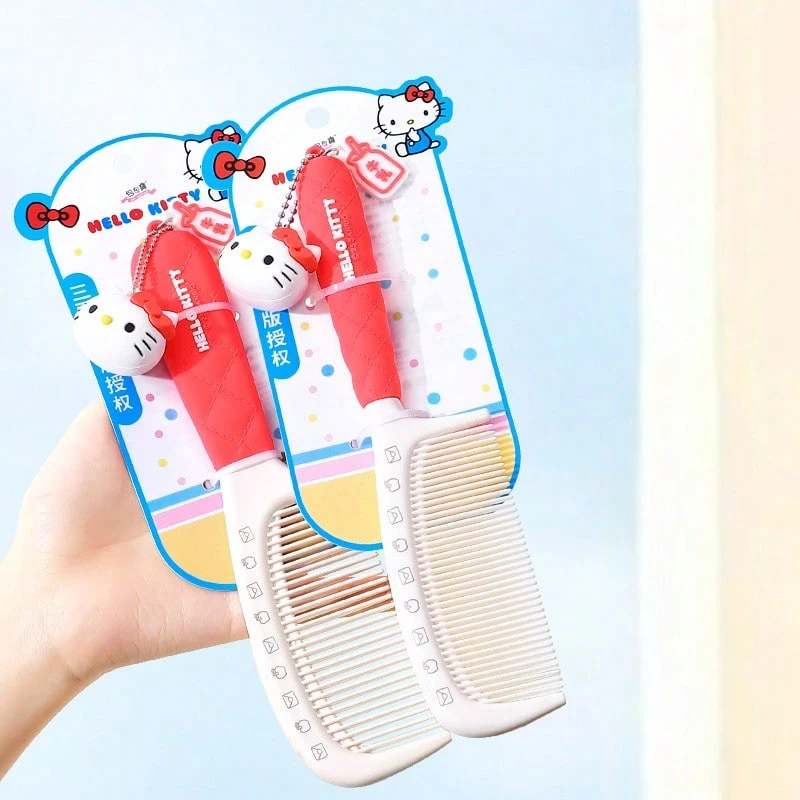 Miniso Sanrio Hello Kitty Fine-Tooth Flat Comb Hair Comb, Off-White Comb Teeth And Red Handle, Adorable Kitty Pendant Paired With Comfortable Handle, A Great Helper For Daily Hair Care (1 PC) - Multicolor - View 1