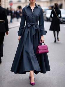 Women's Autumn Vintage Style Elegant Dress, Single-Breasted Design, Graceful And Flowy, Suitable For Outings, Business, Basic, Back To School - Royal Blue - View 4
