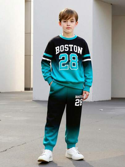 2 件套青少年男童渐变色运动衫和慢跑裤套装，字母印花渐变色套头衫和锥形裤，春秋季时尚