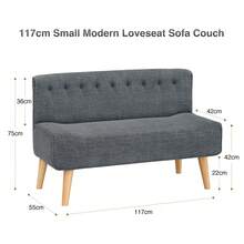 Divano in tessuto a 2 posti, divanetto con effetto lino e gambe in legno, divano moderno da salotto, facile da montare, mini divano 117 x 56 x 78 cm per soggiorno, camera da letto, appartamento, ufficio - Grigio - Visualizzare 4