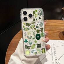 Funda de Teléfono Moderna y Elegante, Funda Transparente con Collage de Pegatinas Estéticas Verdes, Compatible con los Modelos de  17, 16, 11, 15, 14, 13 y 12 Pro Max Air Plus. Una opción de regalo encantadora para mujeres y niñas, funda para teléfono, cubierta para teléfono, fundas de teléfono lindas y protectoras de diseñador para mujeres - 1 pieza - Ver 4