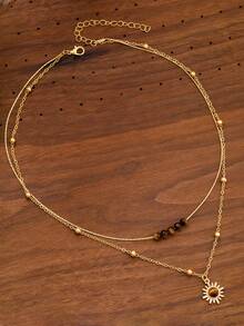 Vintage Gold Sunflower & Tiger Eye Necklace, Layered Necklace Design, Suitable For Sweater, Autumn/Winter Clavicle Chain Accessory - Multicolor - View 4