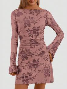 PRETTYGARDEN Women's Spring And Fall Fashion Floral Long Sleeve Mini Dress Mesh Bodycon Short Party Date Night Going Out Dresses Dhristmas New Years Valentine Vacation Dresses For Women - 暗粉 - 查看 4