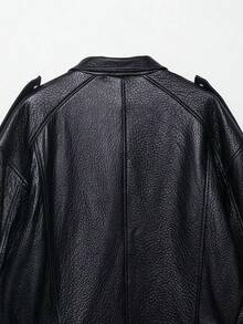 Seelio Autumn/Winter New Women's Fashion European And American Style Drop Shoulder Textured Faux Leather Jacket - Black - View 4