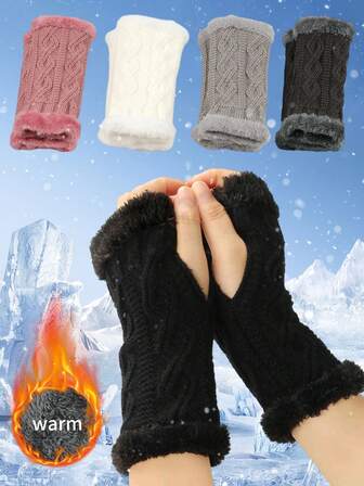 1 Pair Warm Fleece Gloves, Knitted Cold-Proof Gloves With Wrist Cuffs, Fingerless For Autumn/Winter