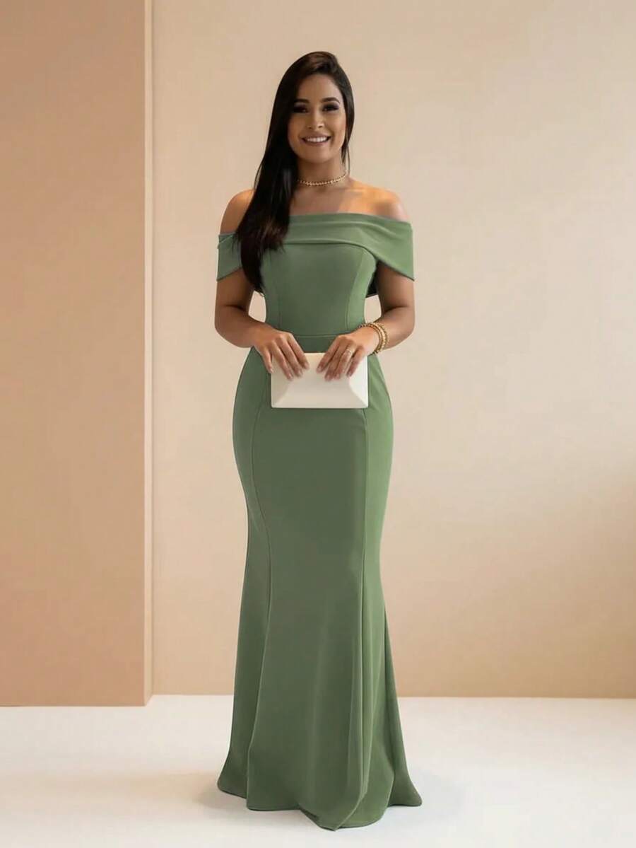 Long Party Dress With Strapless Cups For Bridesmaid Prom - 橄欖綠 - 查看 1