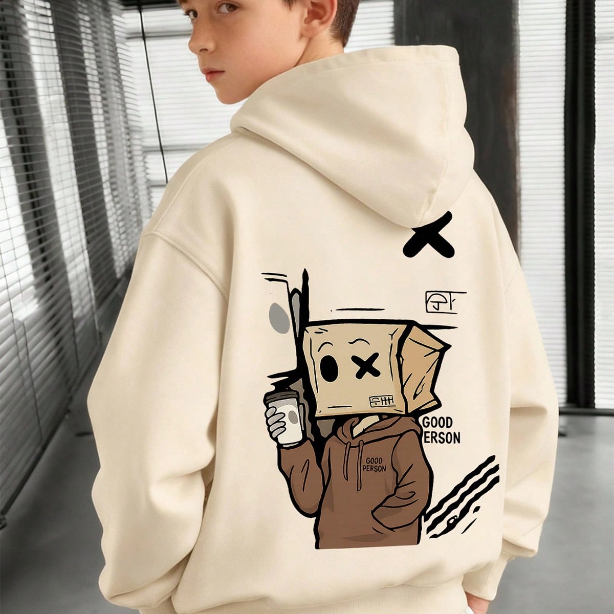Sudadera tipo pullover para niños con cuello cuadrado, estampado de dibujos animados en la espalda, estampado de letras "Good Person", manga larga ho
