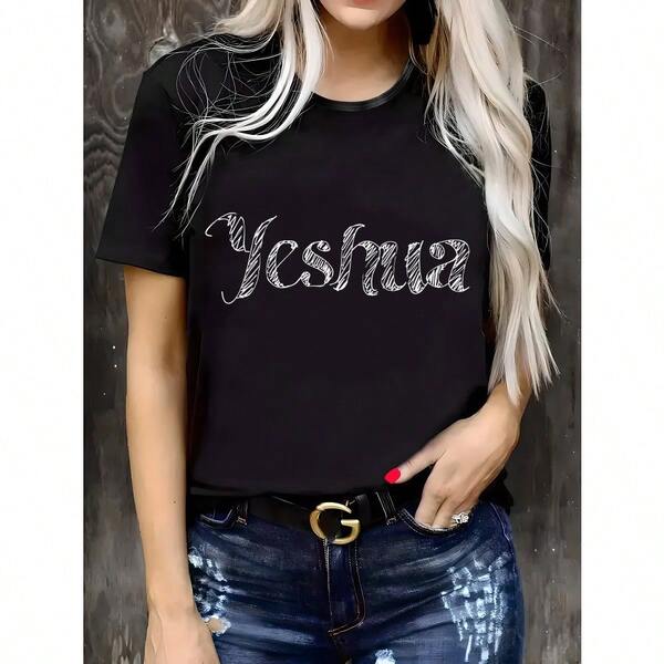 Women's Black Geometric Letter Print Short Sleeve T-Shirt - Medium Stretch Round Neck Casual Top, Breathable Summer Tee, Machine Washable Regular Fit, Ladies T Shirts, Casual Attire, Trendy Appeal, Comfortable Wear