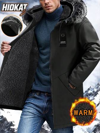 Herren Lässige Kapuzenjacke in Mittellänge, Outdoor Thermofutter Dicke Jacke, Herbst/Winter