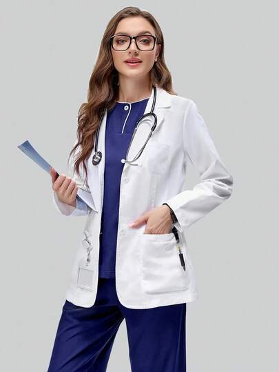 cimmuovere Bata de manga larga con múltiples bolsillos para mujeres, uniforme de enfermera, ropa de trabajo, uniforme de dentista, atención médica, veterinaria, laboratorio, bata blanca